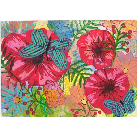 Original painting on paper - 7.5 x 5.25 in 19 x 13cm vibrant floral abstract - Picture 3 of 5